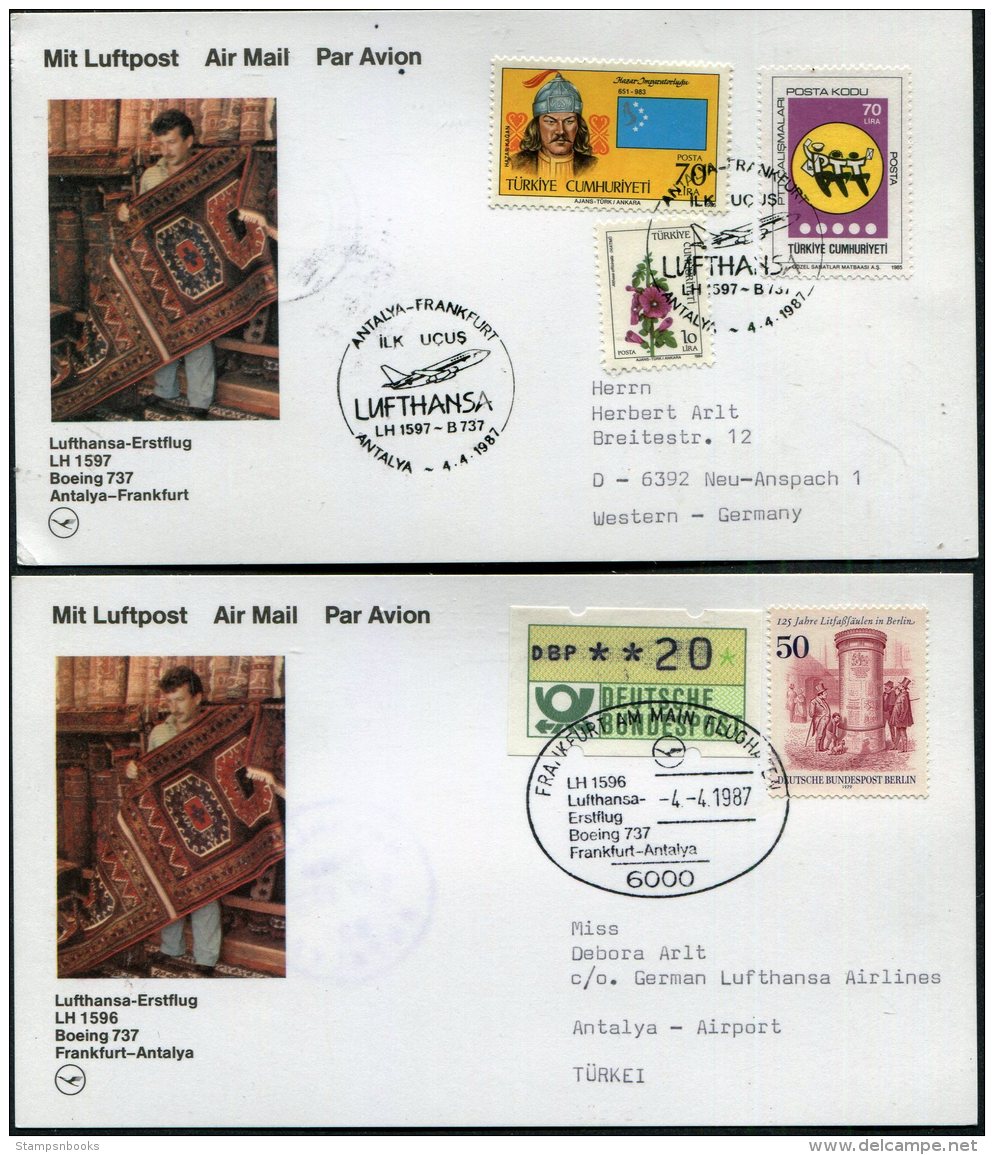 1987 Lufthansa First Flight (2) Antalya Turkey / Frankfurt Germany - Airmail