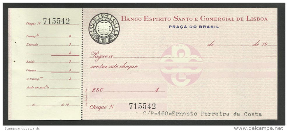 Portugal Timbre Fiscal Fixe $10 Cheque Bancaire BESCL Praça Do Brasil Stamped Revenue $10 Bank Check - Storia Postale