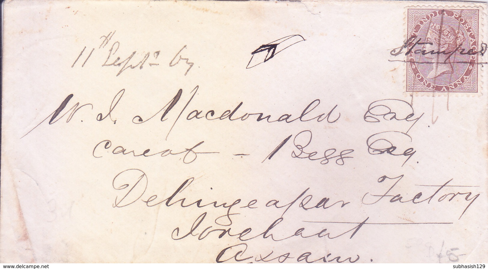 BRITISH EAST INDIA - 1865 EAST INDIA QUEEN VICTORIA ONE ANNA BROWN USED ON ENVELOPE - 1858-79 Crown Colony