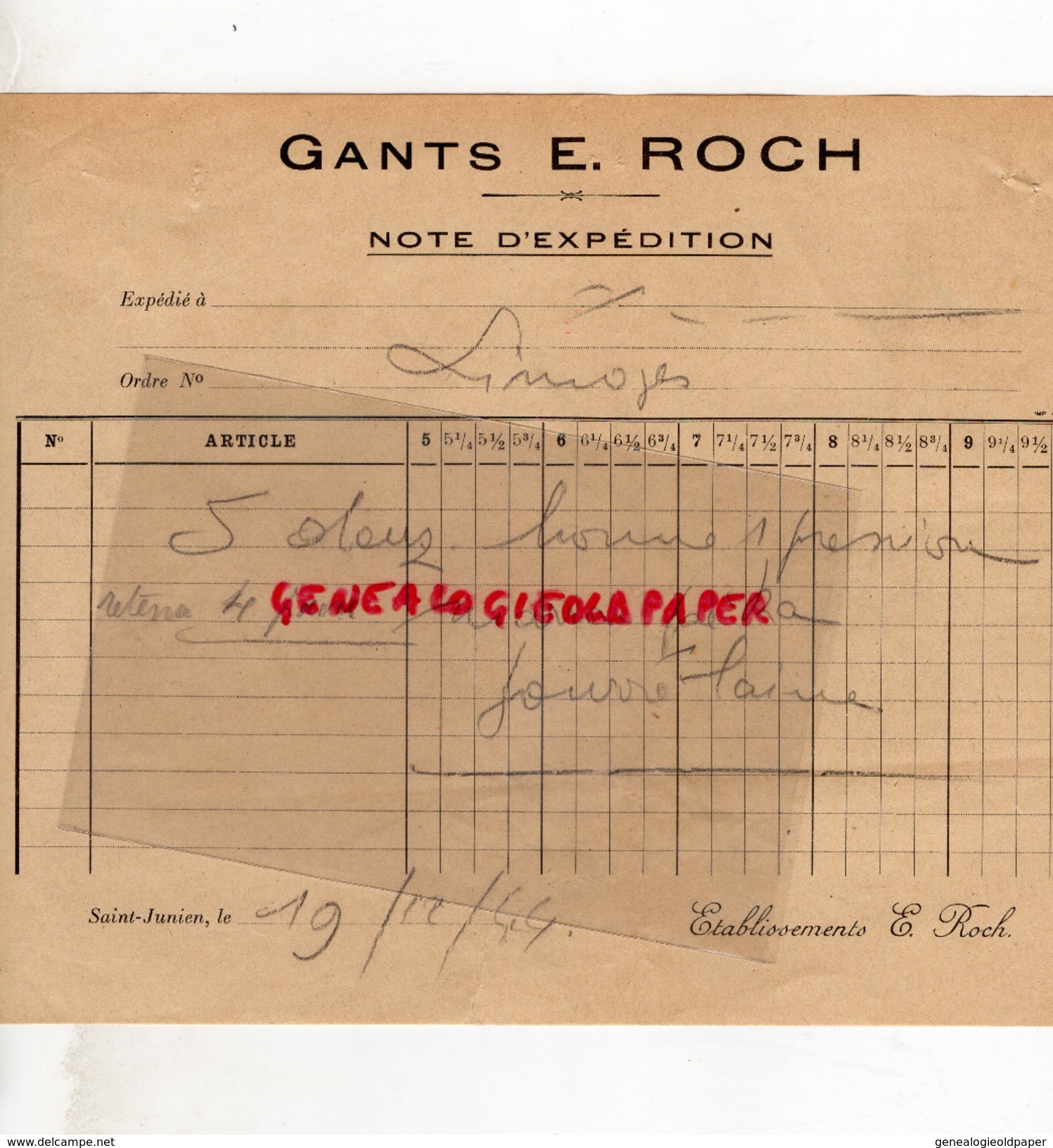87 - ST SAINT JUNIEN -  NOTE EXPEDITION GANTS GANTERIE E. ROCH - 1944 - G