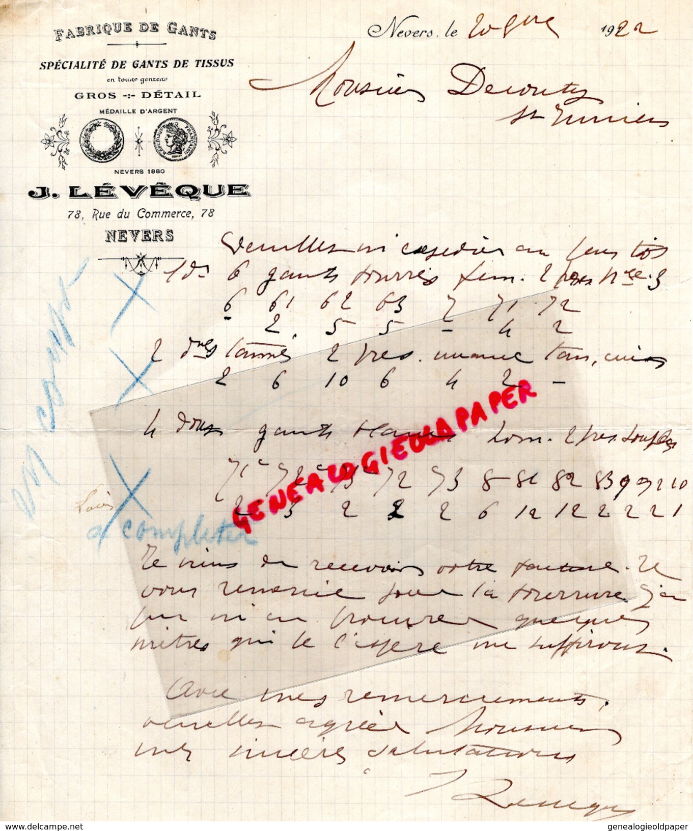 58 - NEVERS - FACTURE MANUSCRITE J. LEVEQUE -78 RUE COMMERCE- GANTERIE GANTS -A M. DECOUTY ST SAINT JUNIEN-1922 - Straßenhandel Und Kleingewerbe