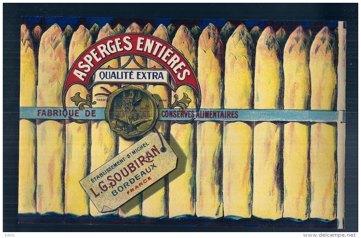 étiquette ASPERGES Entires -- Modele Parafiné  - SOUBIRAN - Bordeaux - Chromo Litho  - 27 X16 Cm  Excellent état - Autres & Non Classés