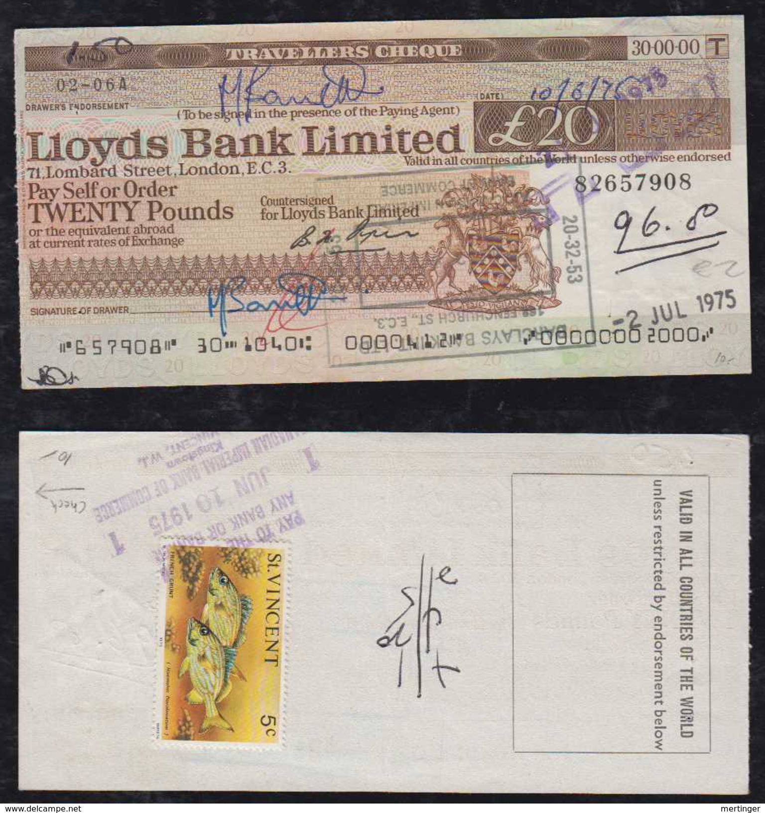 St Vincent 1975 Travellers Cheque With 5c Fish For Fee Unusual - St.Vincent (...-1979)