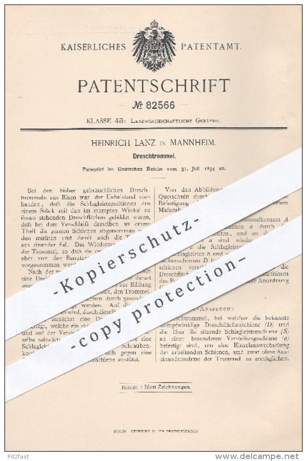 Original Patent - Heinrich Lanz , Mannheim  1894 , Dreschtrommel | Dreschmaschine , Drescher , Dreschen , Landwirtschaft - Historische Dokumente