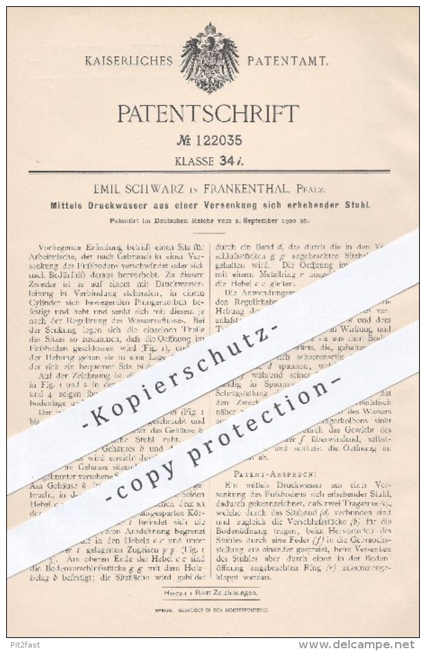 Original Patent - Emil Schwarz , Frankenthal , 1900 , Durch Druckwasser Aus Einer Versenkung Sich Erhebender Stuhl !!! - Historische Dokumente