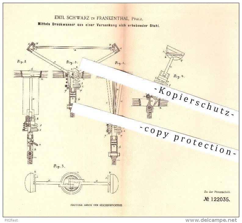 Original Patent - Emil Schwarz , Frankenthal , 1900 , Durch Druckwasser Aus Einer Versenkung Sich Erhebender Stuhl !!! - Historische Dokumente