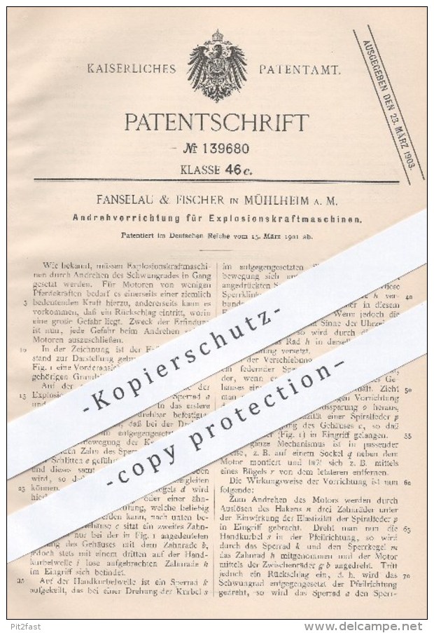 Original Patent - Fanselau & Fischer , Mühlheim / Main , 1901 , Andrehvorrichtung Für Explosionskraftmaschinen | Motor - Historische Dokumente