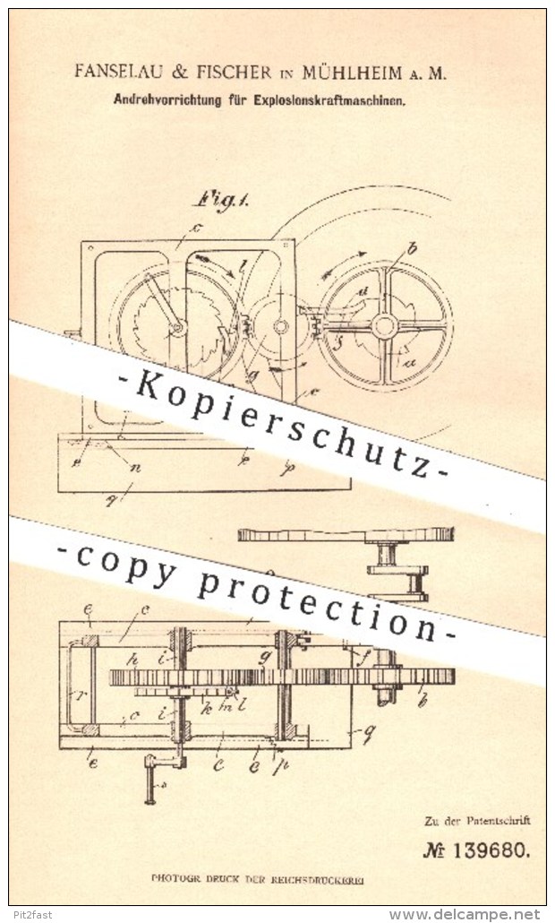 Original Patent - Fanselau & Fischer , Mühlheim / Main , 1901 , Andrehvorrichtung Für Explosionskraftmaschinen | Motor - Historische Dokumente