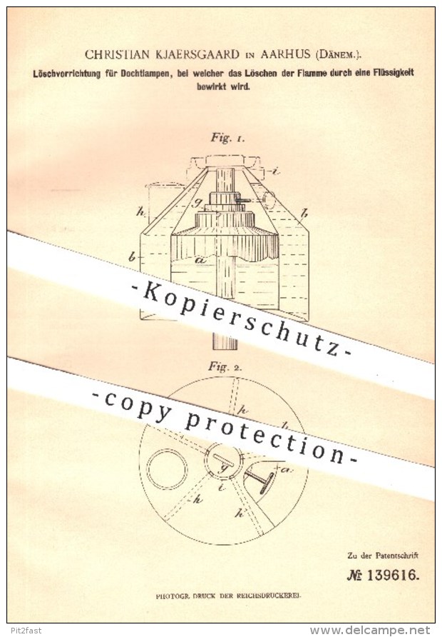 Original Patent - Christian Kjaersgaard , Aarhus , Dänemark , 1901 , Löschen Von Dochtlampen Durch Flüssigkeit | Brenner - Historische Dokumente