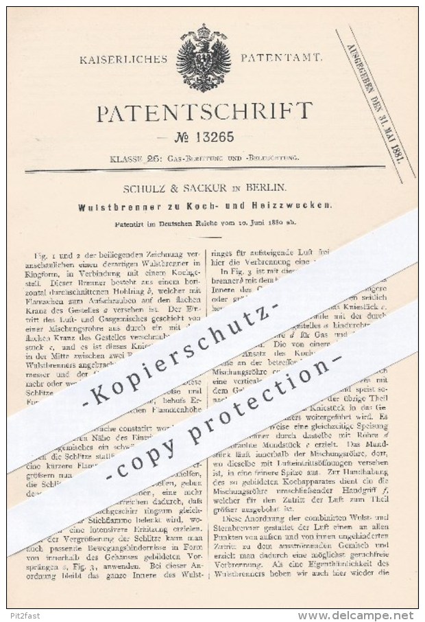 Original Patent - Schulz & Sackur , Berlin , 1880 , Wulstbrenner Zum Kochen U. Heizen | Brenner , Gas , Heizung , Koch ! - Historische Dokumente