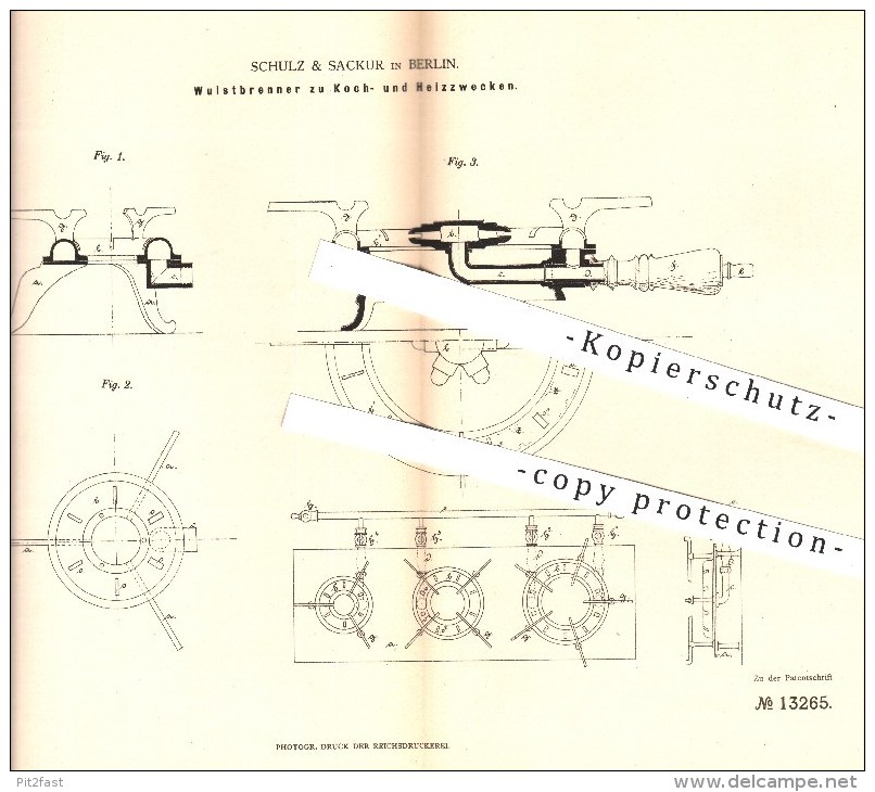 Original Patent - Schulz & Sackur , Berlin , 1880 , Wulstbrenner Zum Kochen U. Heizen | Brenner , Gas , Heizung , Koch ! - Historische Dokumente