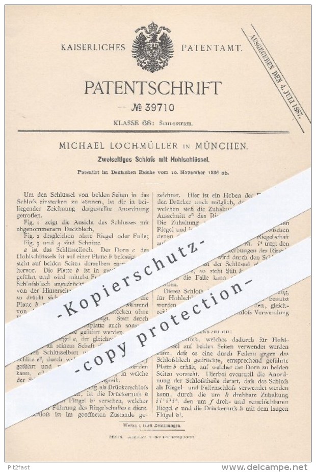 Original Patent - Michael Lochmüller , München , 1886 , Zweiseitiges Schloss Mit Hohlschlüssel | Schlösser , Schlosser ! - Historische Dokumente