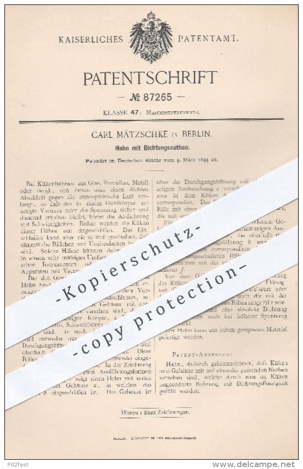 Original Patent - Carl Mätzschke , Berlin , 1895 , Hahn Mit Dichtungsnuthen | Nuth , Nut , Nuten , Dichtung , Glas !!! - Historische Dokumente