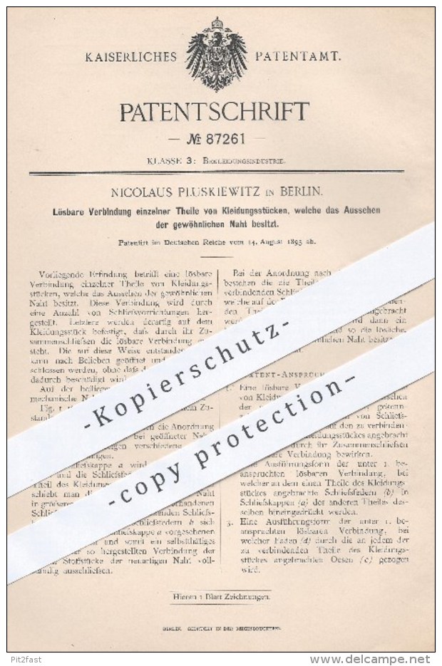 Original Patent - Nicolaus Pluskiewitz , Berlin , 1895 , Lösbare Verbindung Einzelner Teile Von Kleidung | Bekleidung !! - Historische Dokumente