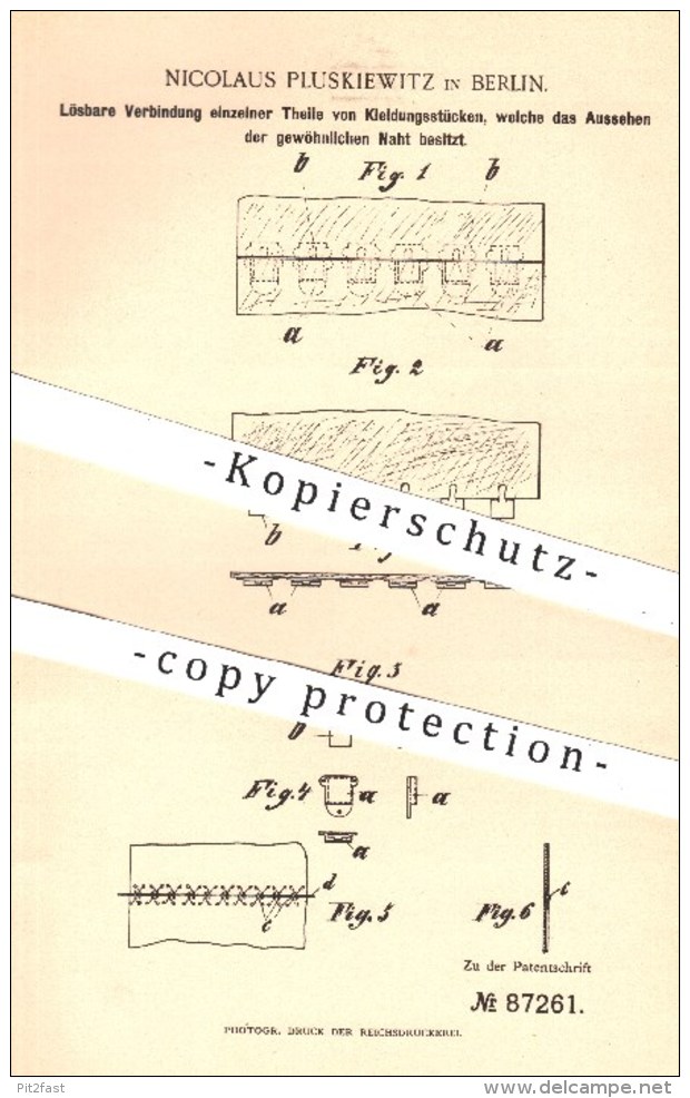 Original Patent - Nicolaus Pluskiewitz , Berlin , 1895 , Lösbare Verbindung Einzelner Teile Von Kleidung | Bekleidung !! - Historische Dokumente