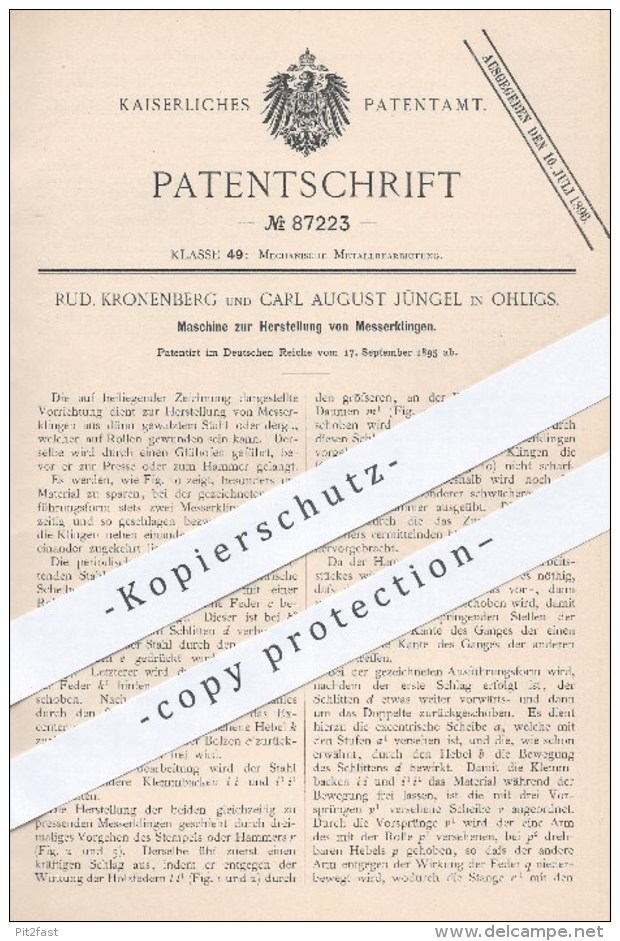 Original Patent - Rud. Kronenberg , Carl August Jüngel , Ohligs , 1895 , Herstellung Von Messerklingen | Messer , Klinge - Documenti Storici