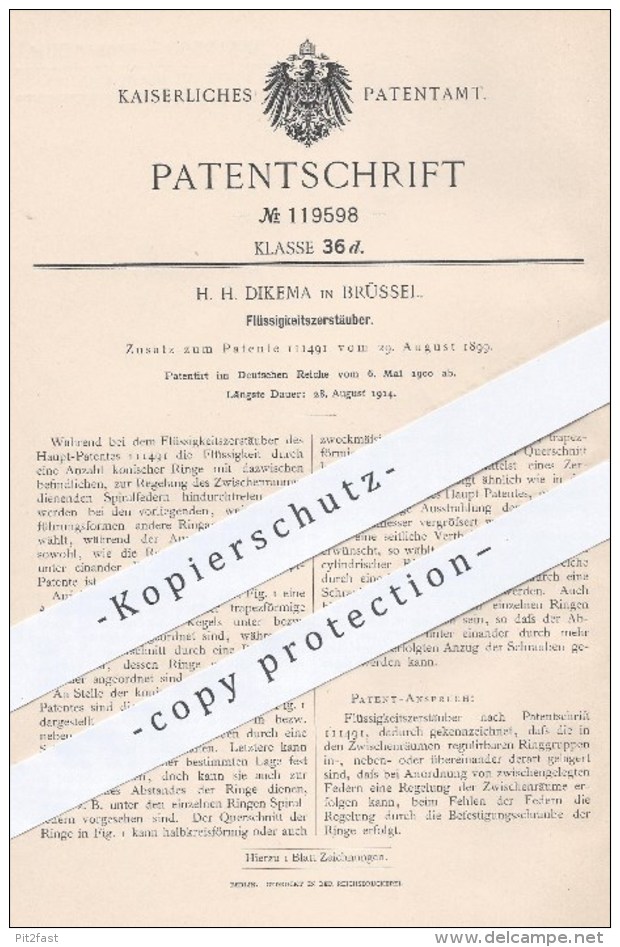 Original Patent - H. H. Dikema , Brüssel , 1900 , Flüssigkeitszerstäuber | Zerstäuber , Flüssigkeiten , Feder , Federn - Historische Dokumente