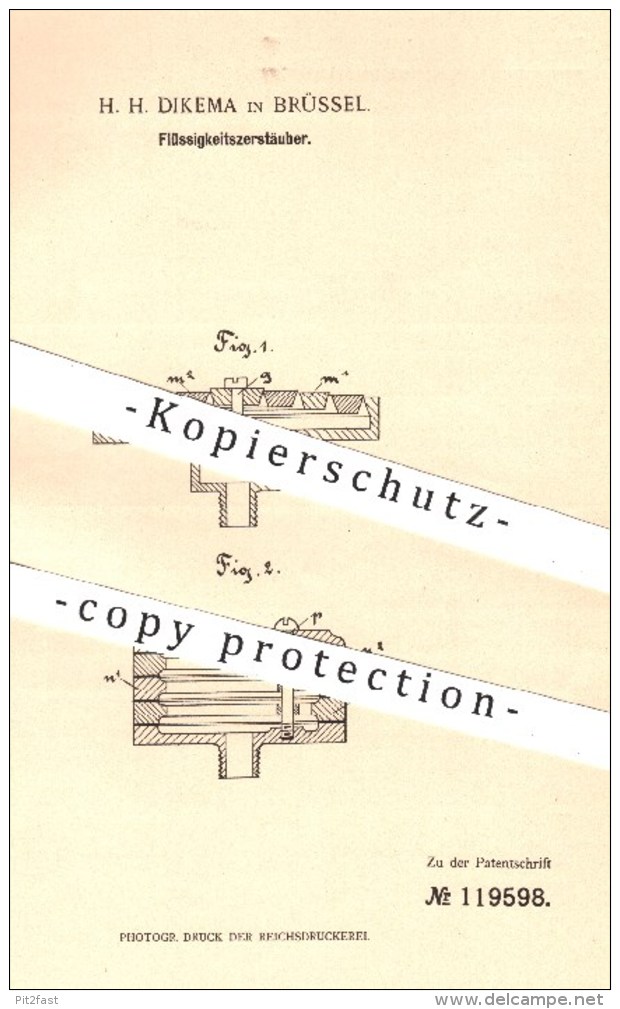 Original Patent - H. H. Dikema , Brüssel , 1900 , Flüssigkeitszerstäuber | Zerstäuber , Flüssigkeiten , Feder , Federn - Historische Dokumente