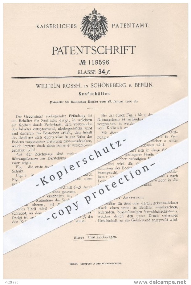 Original Patent - Wilhem Rossel , Berlin Schöneberg , 1900 , Senfbehälter | Behälter Für Senf , Haushalt , Küche , Koch - Historische Dokumente