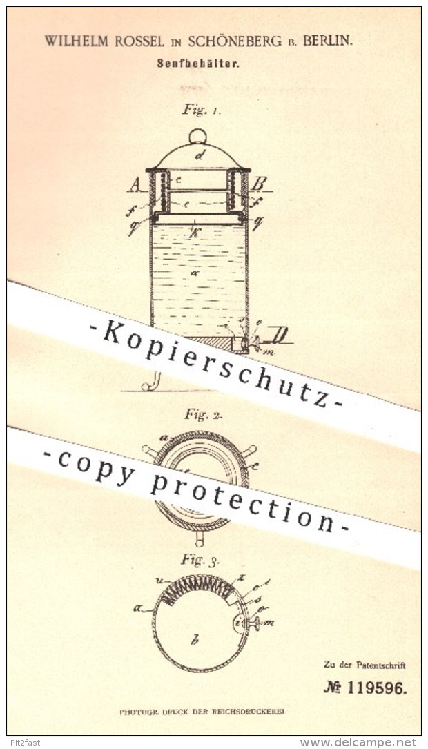 Original Patent - Wilhem Rossel , Berlin Schöneberg , 1900 , Senfbehälter | Behälter Für Senf , Haushalt , Küche , Koch - Historische Dokumente