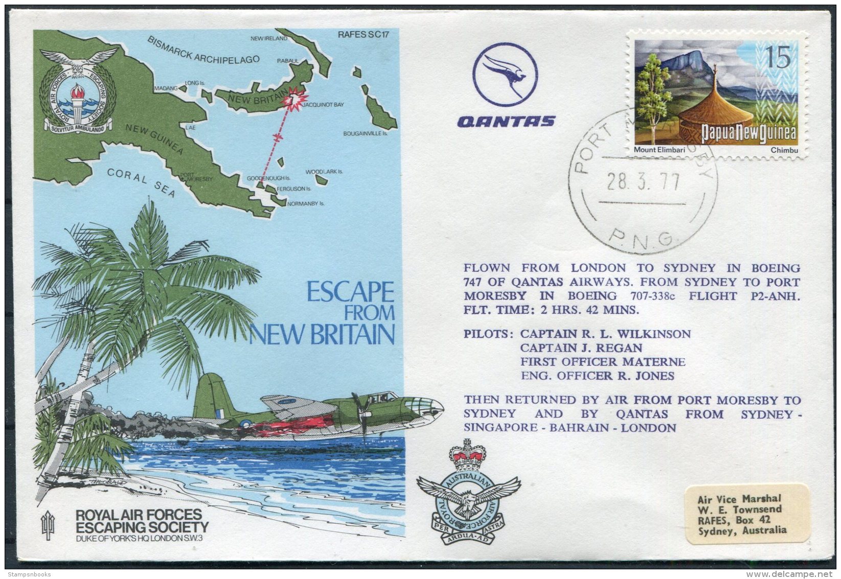 1977 PNG Royal Air Force Escaping Society Cover RAFES SC17 / Port Moresby Quantas Flight - Papua New Guinea