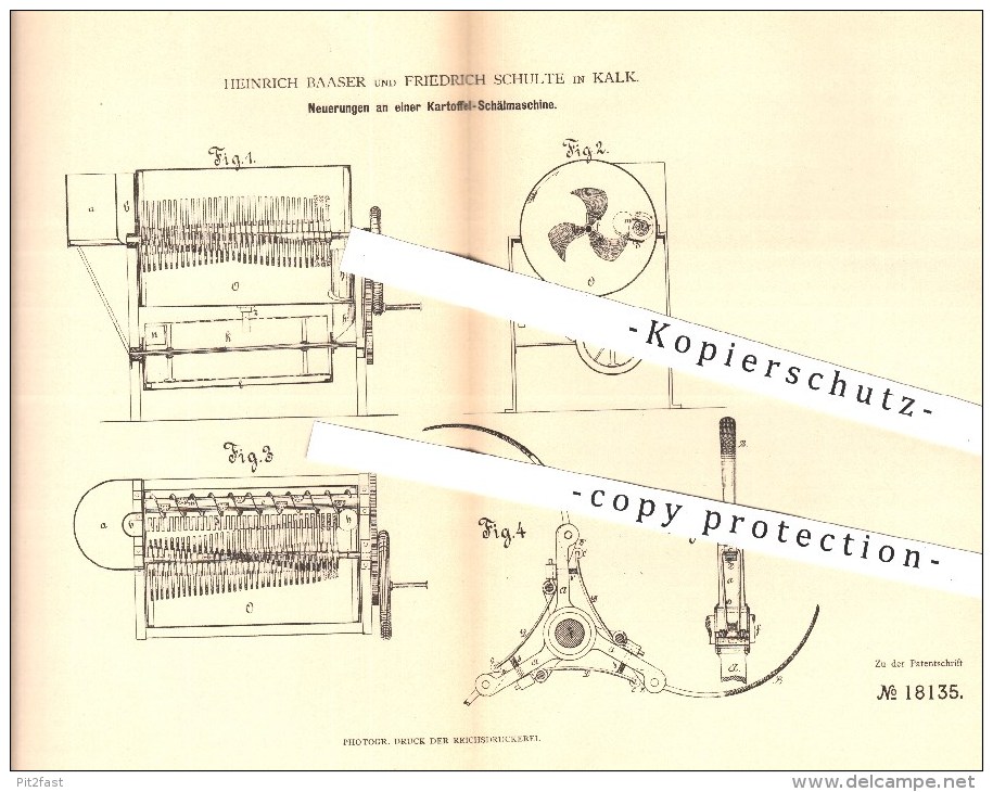 Original Patent - Heinrich Baaser U. Friedrich Schulte , Kalk , 1881 , Kartoffel - Schälmaschine | Kartoffeln , Messer ! - Historische Dokumente