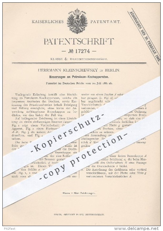 Original Patent - Herrmann Kleinschewsky , Berlin , 1881 , Petroleum - Kochapparat | Brenner , Kochen , Herd , Ofen !!! - Historische Dokumente