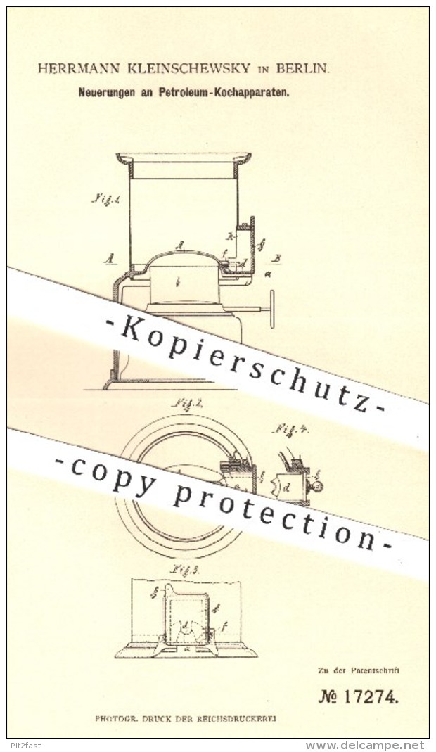 Original Patent - Herrmann Kleinschewsky , Berlin , 1881 , Petroleum - Kochapparat | Brenner , Kochen , Herd , Ofen !!! - Historische Dokumente