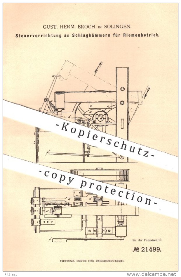 Original Patent - G. H. Broch , Solingen , 1882 , Steuervorrichtung Am Schlaghammer Für Riemenbetrieb | Hammer , Metall - Historische Dokumente