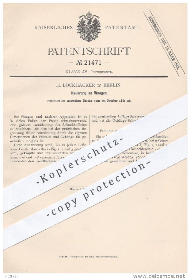 Original Patent - H. Bockhacker , Berlin , 1881 , Waage , Waagen | Waagebalken , Wiegen , Gewicht , Lasten !!! - Historische Dokumente