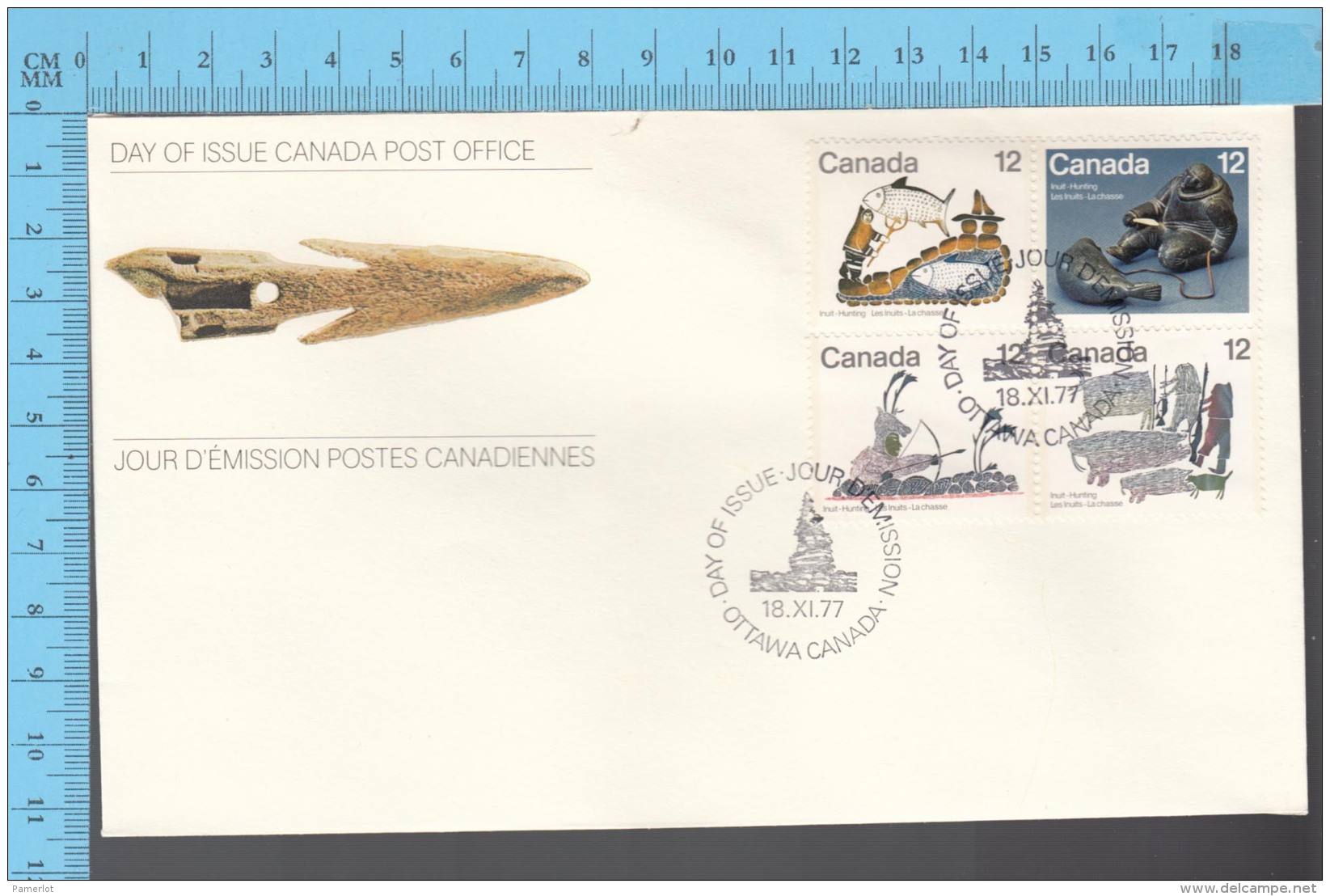 Canada - 1977 Block Scott # 748...751, Inuit Hunting  - FDC PPJ , Fancy Cancelation - Indiens D'Amérique