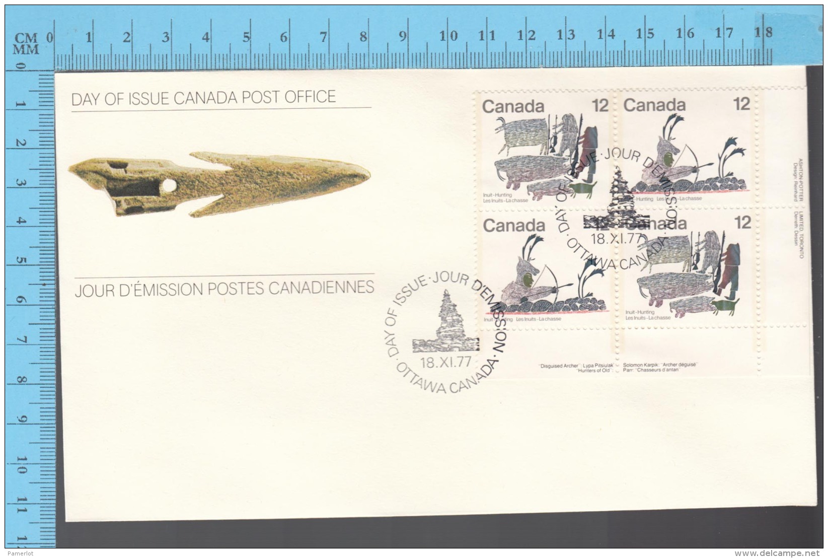 Canada - 1977 Block Scott # 751-50-50-51, Inuit Hunting  - FDC PPJ , Fancy Cancelation - Indiens D'Amérique