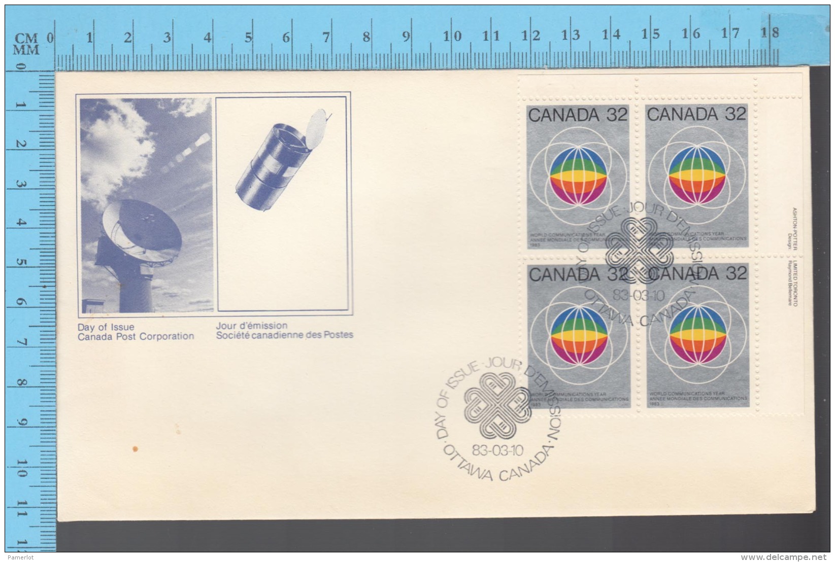 Canada - 1982 Top Right BlockScott #976 ,UN World Communication Year, Globes - FDC PPJ , Fancy Cancelation - ONU