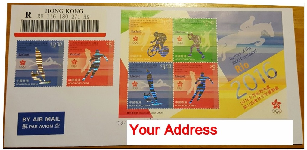 Hong Kong 2016 Rio2016 Olympic Games Souvenir Sheet On Cover To Your Address By Registered Mail - Brieven En Documenten