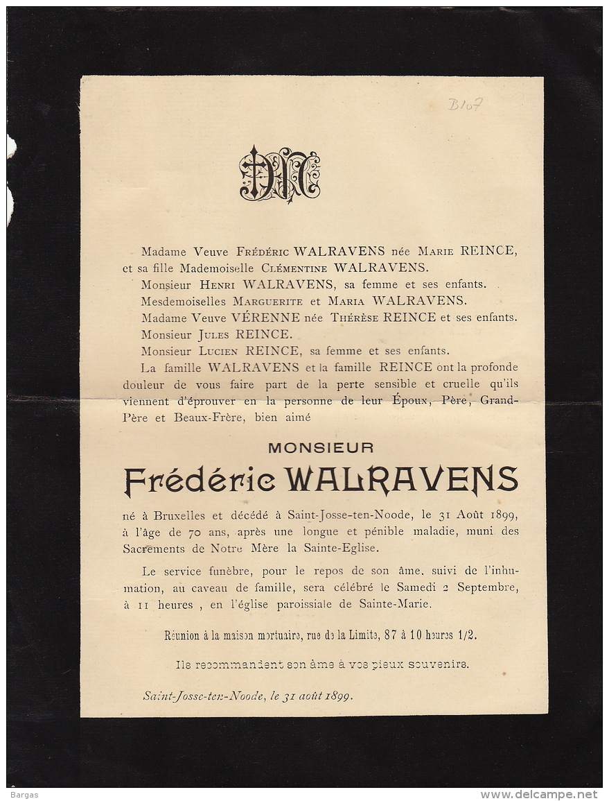 Faire Part De Decès De Frederic Walravens 1899 - Avvisi Di Necrologio