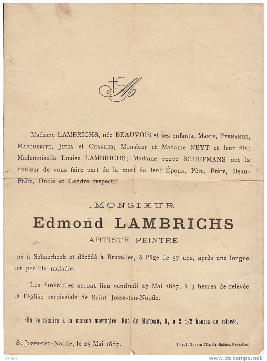 Faire Part De Decès D'edmond Lambrichts Artiste Peintre - Obituary Notices