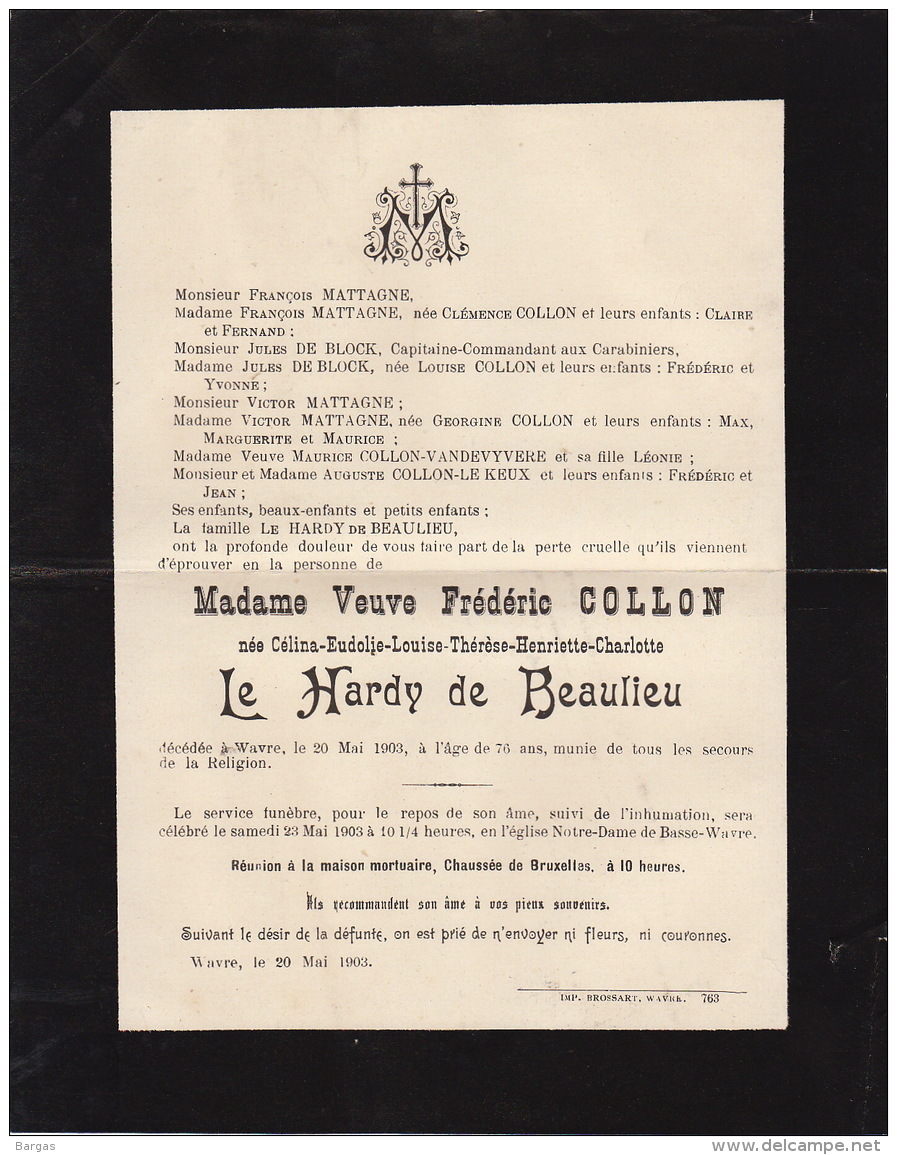 Faire Part De Decès De Vve Frederic Collon - Le Hardy De Beaulieu Wavre 1903 - Décès