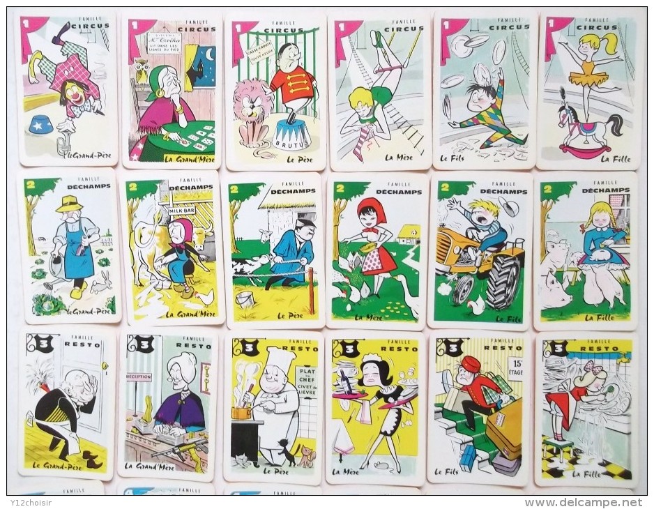 ANCIEN JEU DE CARTES A JOUER SEPT 7 FAMILLES CIRQUE RESTAURANT AVIATION JARDINAGE MECANIQUE CITROEN ID MUSICIEN POISSON - Autres & Non Classés