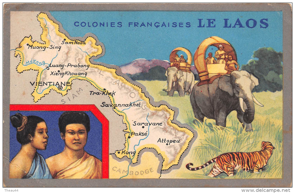 ¤¤  -  Colonie Française  -   LE LAOS   -  Carte Du Pays  -  Eléphants , Tigre      -  ¤¤ - Laos