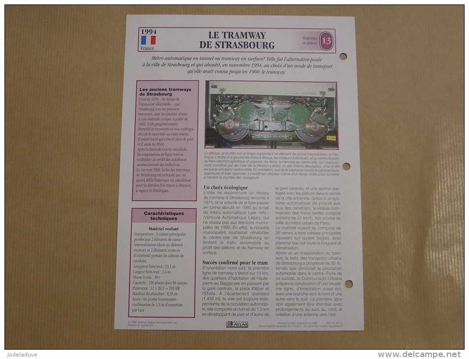 TRAMWAY DE STRASBOURG Tram Tramways  SNCF France  Fiche Descriptive Ferroviaire Chemin De Fer Train Locomotive Rail - Other & Unclassified