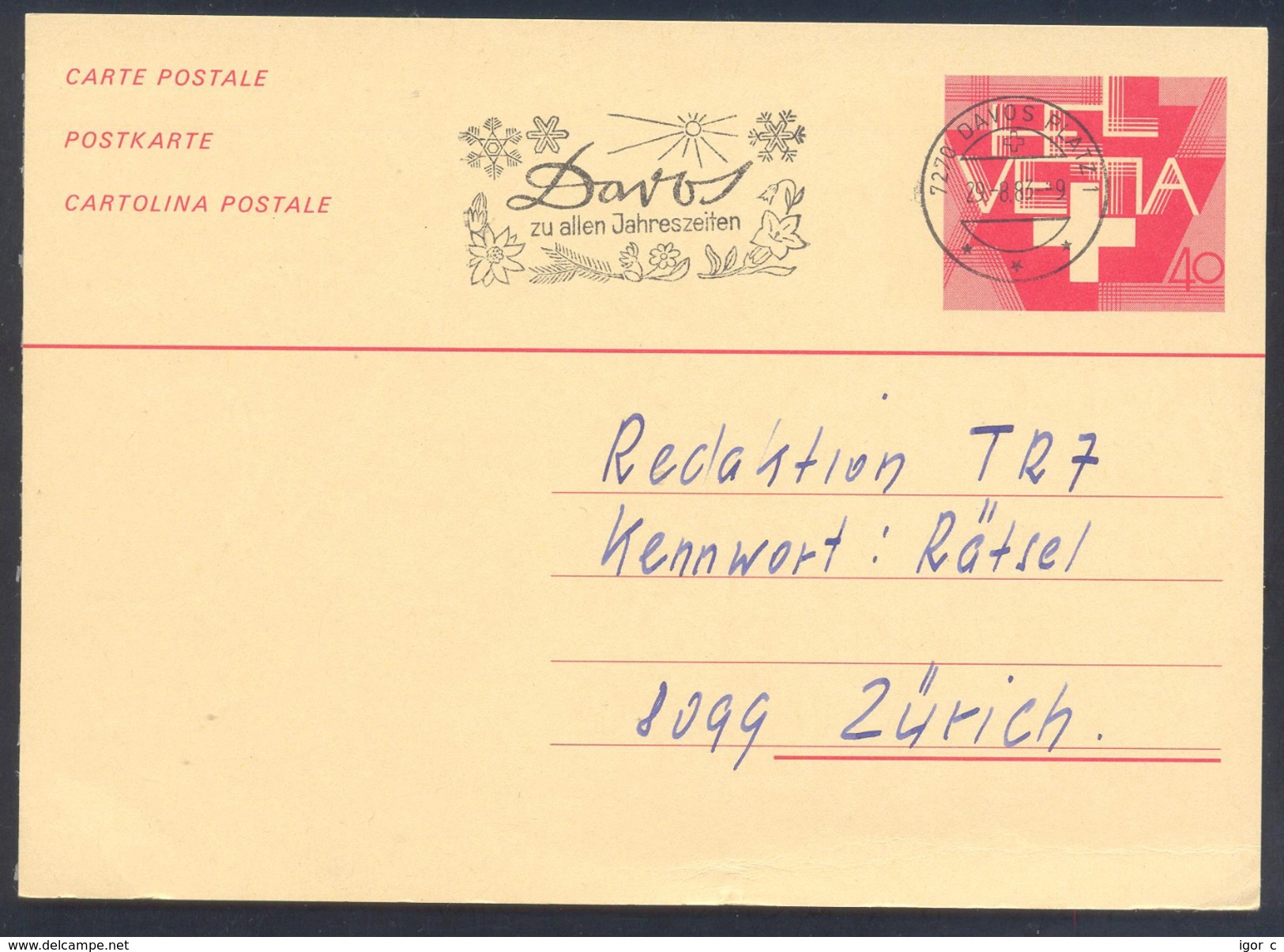 Switzerland Suisse Schweiz 1983 Postal Stationery Card: Flora Flower Fleur Blume: Slogan Davos Allen Jahrszeiten; Enzian - Sonstige & Ohne Zuordnung