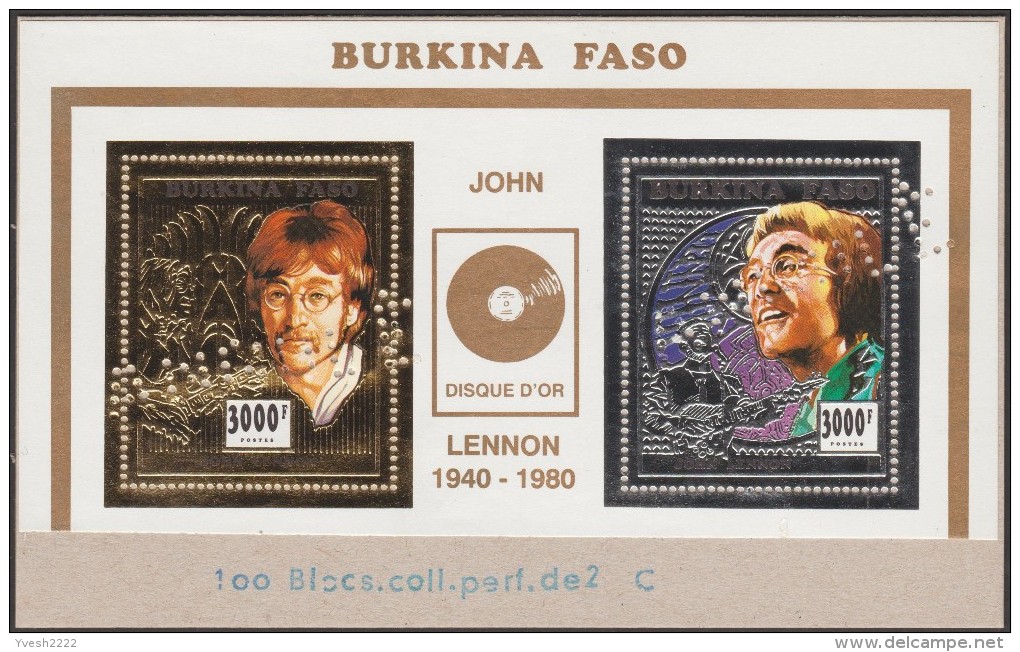 Burkina Faso 1996 Y&T 971 à 974. Blocs Annulés Sur Cartons, Disque D´or, Vues De Face Et De Profil De John Lennon - Music