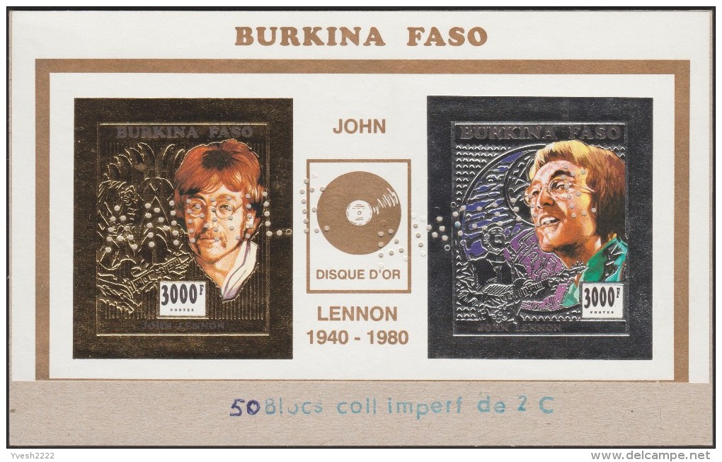 Burkina Faso 1996 Y&T 971 à 974. Blocs Annulés Sur Cartons, Disque D´or, Vues De Face Et De Profil De John Lennon - Music