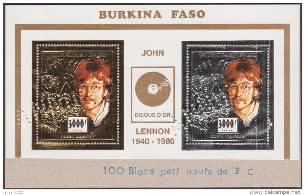 Burkina Faso 1996 Y&T 971 à 974. Blocs Annulés Sur Cartons, Disque D´or, Vues De Face Et De Profil De John Lennon - Music