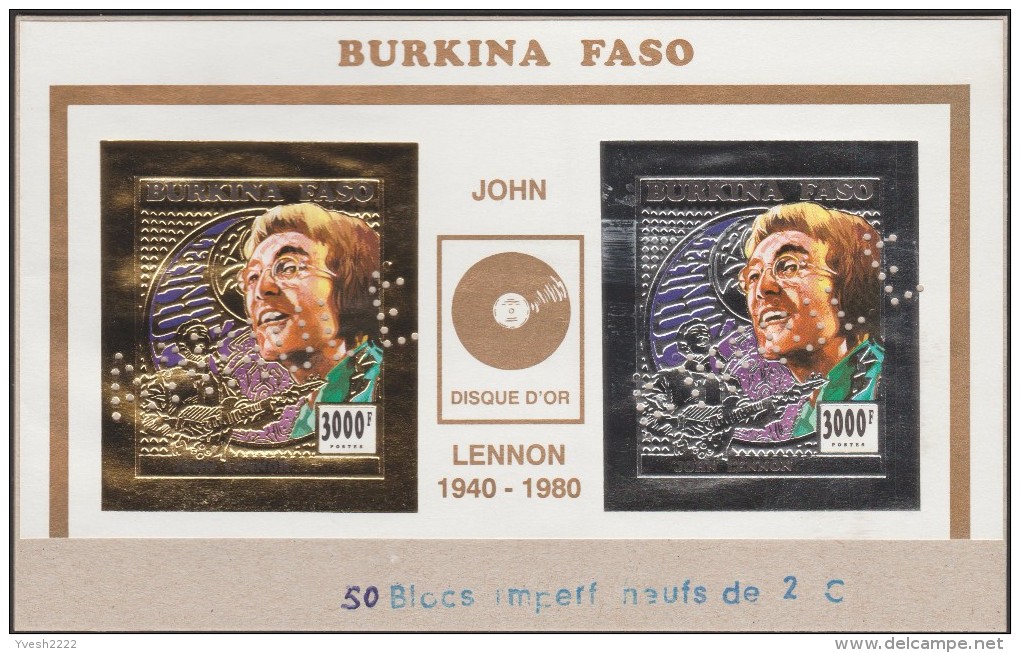 Burkina Faso 1996 Y&T 971 à 974. Blocs Annulés Sur Cartons, Disque D´or, Vues De Face Et De Profil De John Lennon - Music