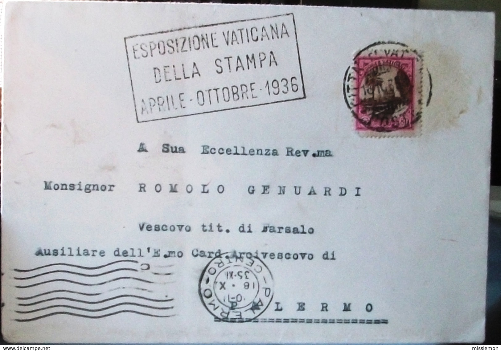 BUSTA VIAGGIATA DA CITTA' DEL VATICANO A PALERMO 1935 - Storia Postale