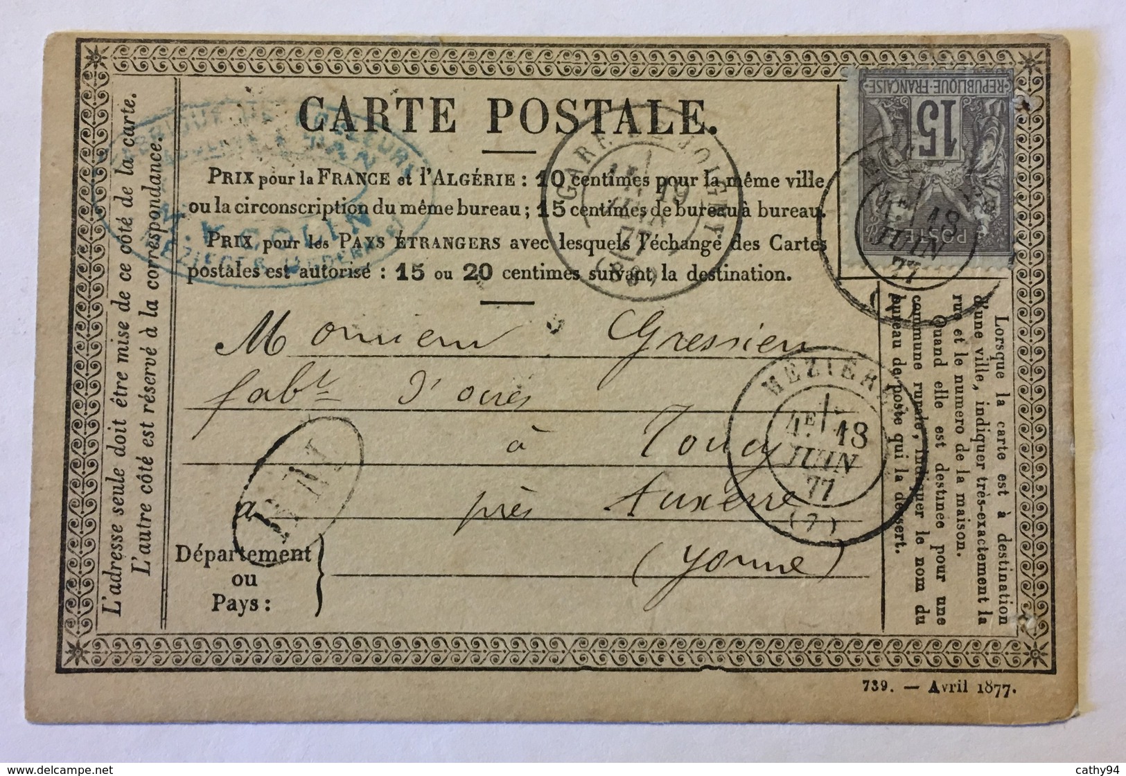 CARTE PRÉCURSEUR POUR AUXERRE Avec MARQUE BM Boite Mobile Affranchissement Type Sage Juin 1877 - Precursor Cards