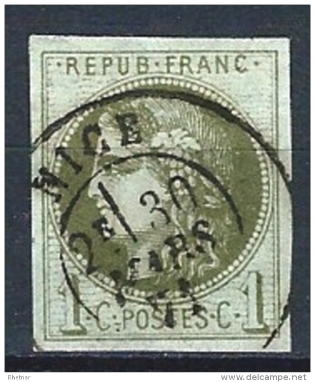 YT 39B " Cérès 1c. Olive Report 2 " 1870 Cachet à Date NICE 30mars 1871 - 1870 Ausgabe Bordeaux