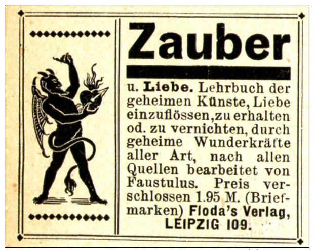 Original-Werbung/ Anzeige 1910 - ZAUBER UND LIEBE / MOTIV TEUFEL / FLODA'S VERLAG - LEIPZIG - Ca. 45 X 40 Mm - Werbung