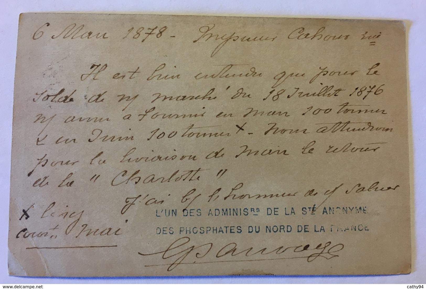 CARTE PRÉCURSEUR Avec Tampon "L'un Des Administrateurs De La Société Anonyme Des Phosphates Du Nord De La France" 1877 - Vorläufer